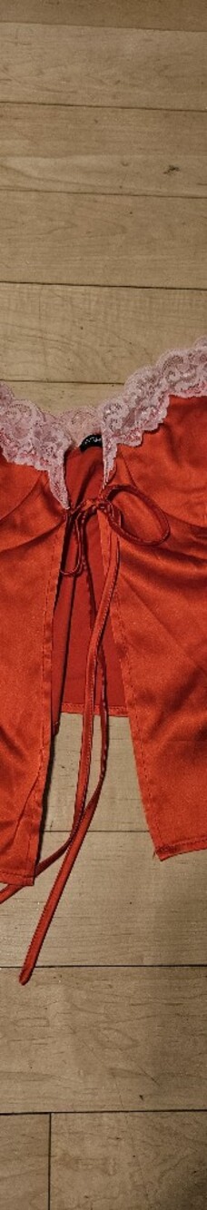 Fashion Nova Red Satin Chemise with Pink Lace Trim